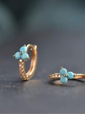 14k Gold Plated Turquiose Cubic Zirconia Flower Huggie Hoop Earrings